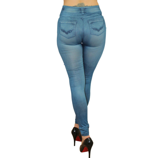 Legging bleu style jean moulant avec impressions sur poches 